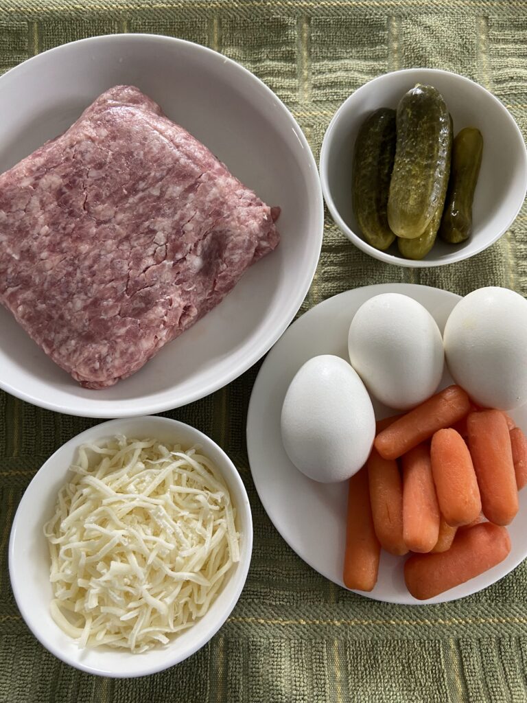 ground pork, hard boiled eggs, pickles, carrots, meatloaf, easy pork recipe, easy meatloaf, cheese