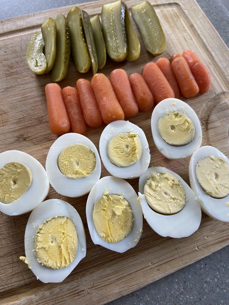 hard boiled eggs, pickles, carrots, meatloaf, stuffed meatloaf