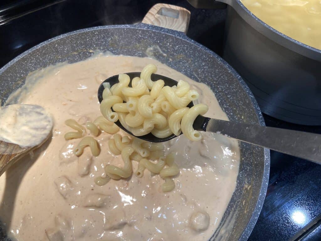 Sauteed chicken with alfredo sauce and shredded cheese and pasta in a pan