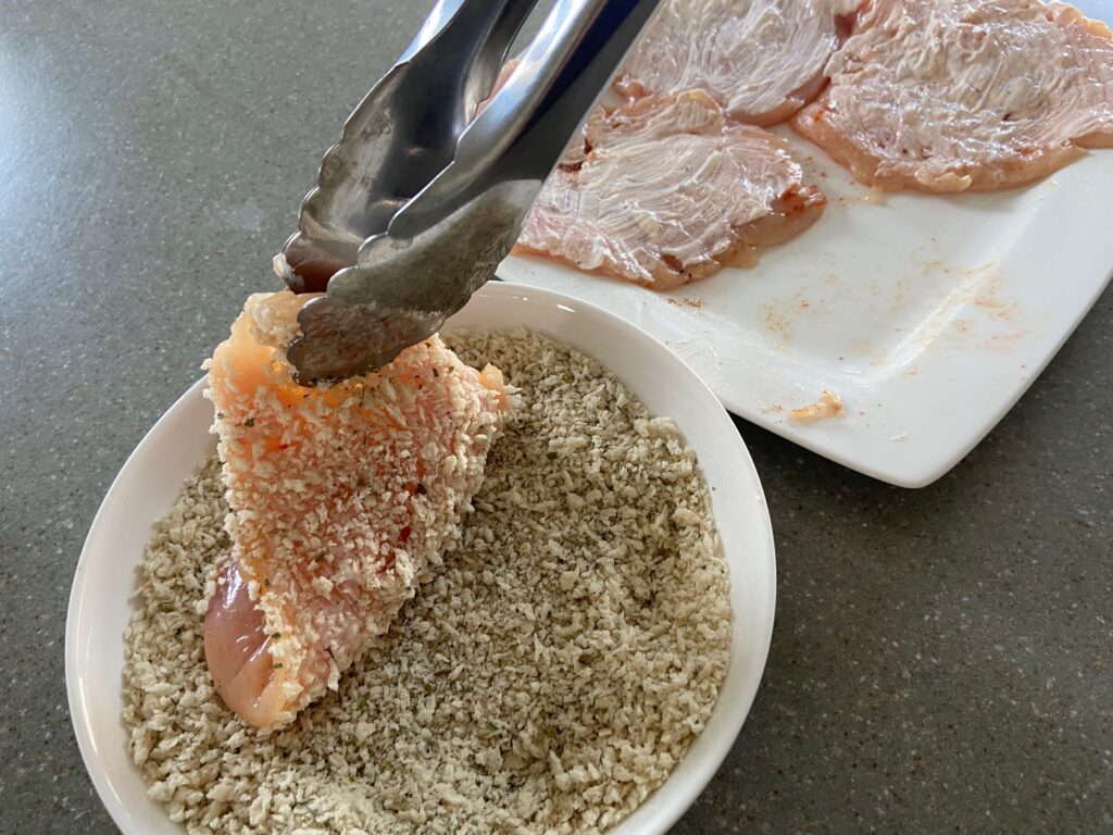 the sour cream coated chicken cutlets are coated on both sides with Italian breadcrumbs 