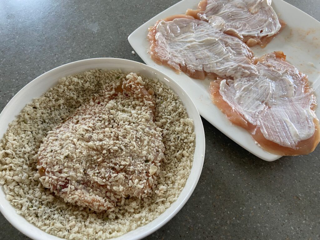 the sour cream coated chicken cutlets are coated on both sides with Italian breadcrumbs 