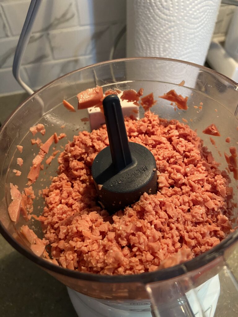 hot dogs are finely chopped in a small food chopper
