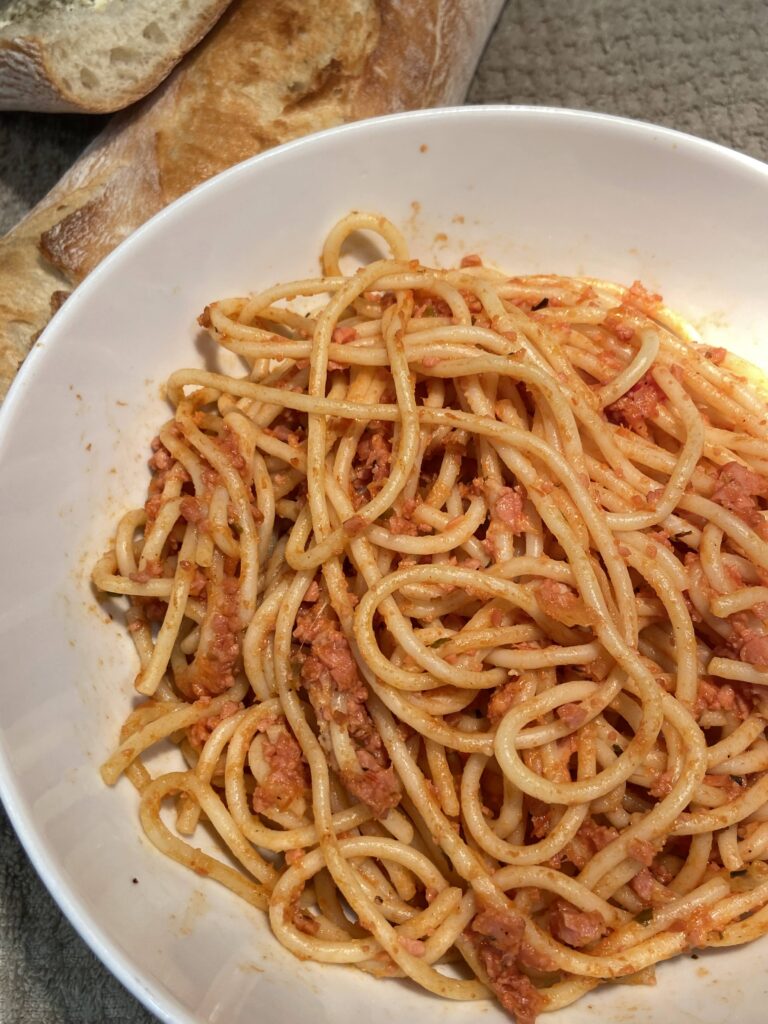 Cheesy spaghetti with hot dog meat sauce
Sheldon's spaghetti