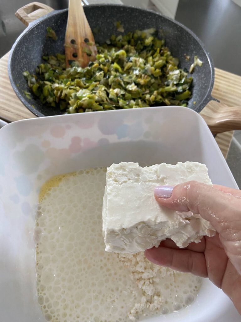Sauteed leeks
block of Bulgarian feta cheese
yogurt