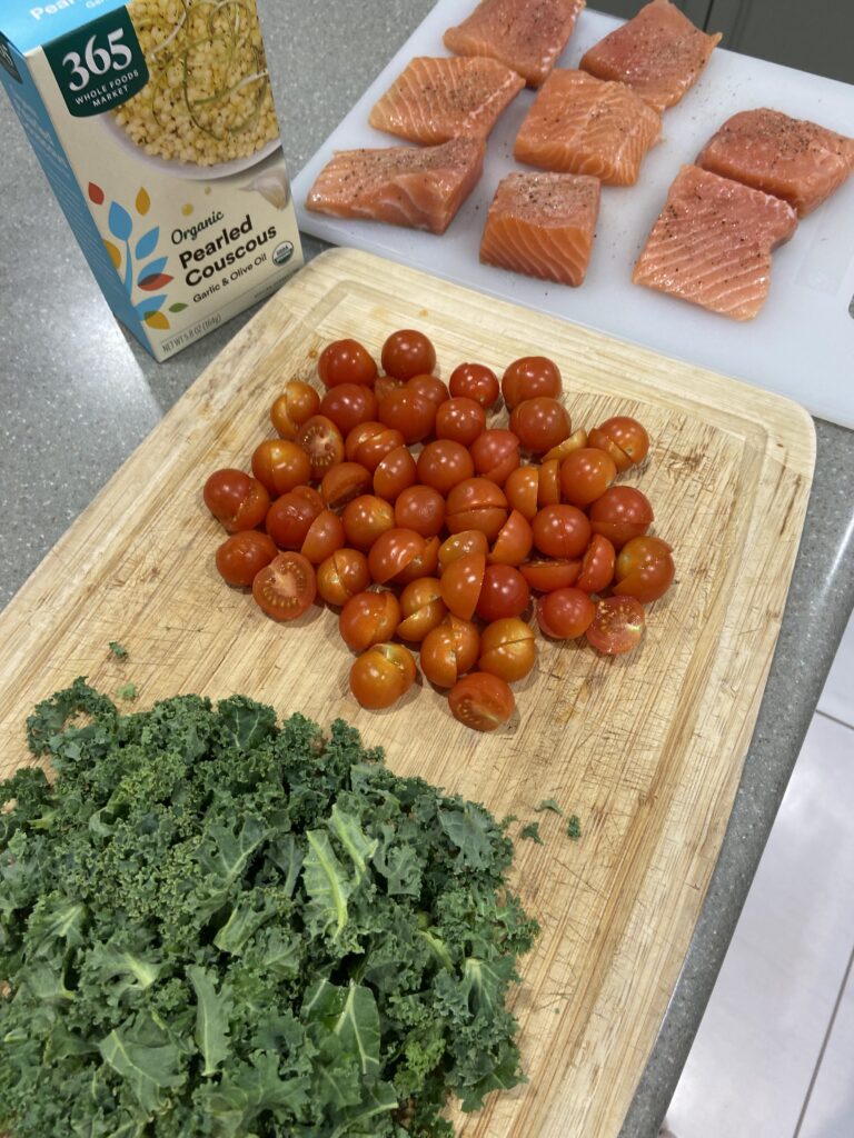 salmon fillets without skin
cherry tomatoes
kale
boxed pearl couscous