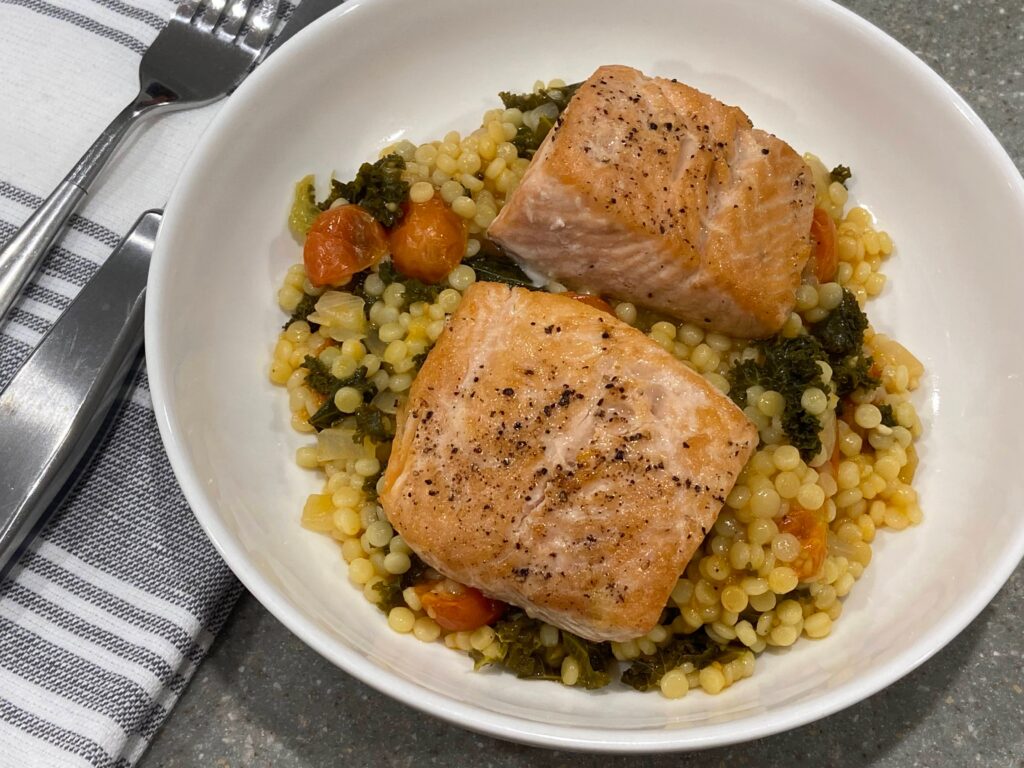 pan seared salmon without skin
salmon with kale, tomatoes and couscous