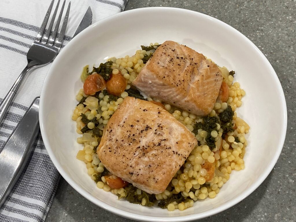 pan seared salmon with kale, tomatoes and couscous
salmon recipes