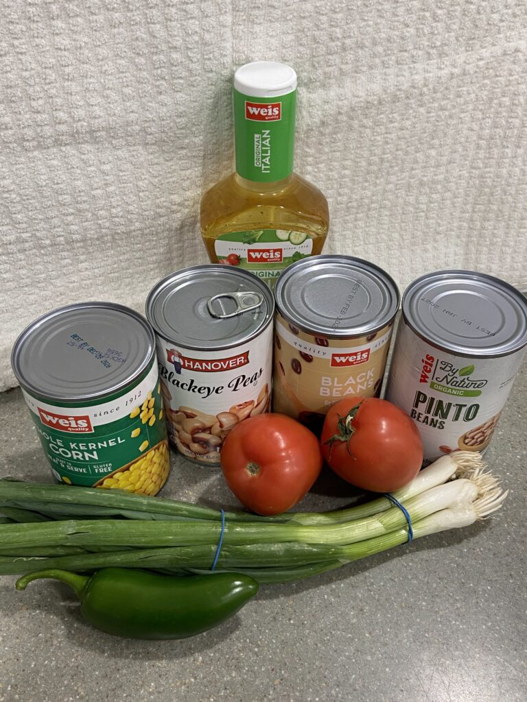 canned beans
canned corn
tomatoes
onion
jalapeno
Italian dressing