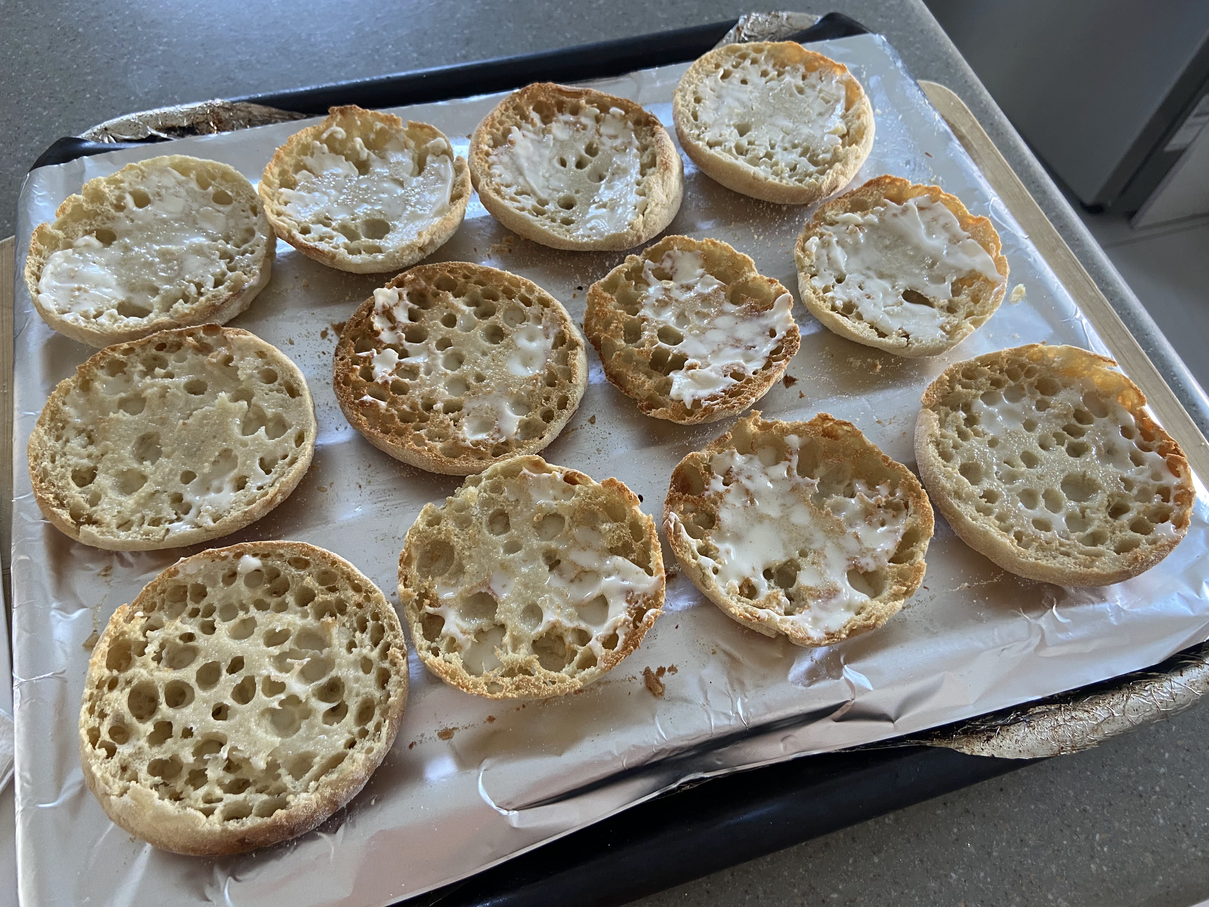 Buttered toasted English muffins