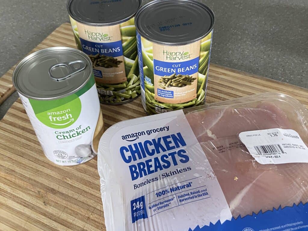 chicken breast
can of chicken soup
can of cut green beans