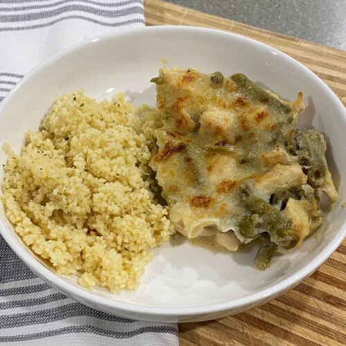 chicken breasts in baking dish for green bean casserole mixing cream of chicken soup and green beans baked chicken green bean casserole in pan